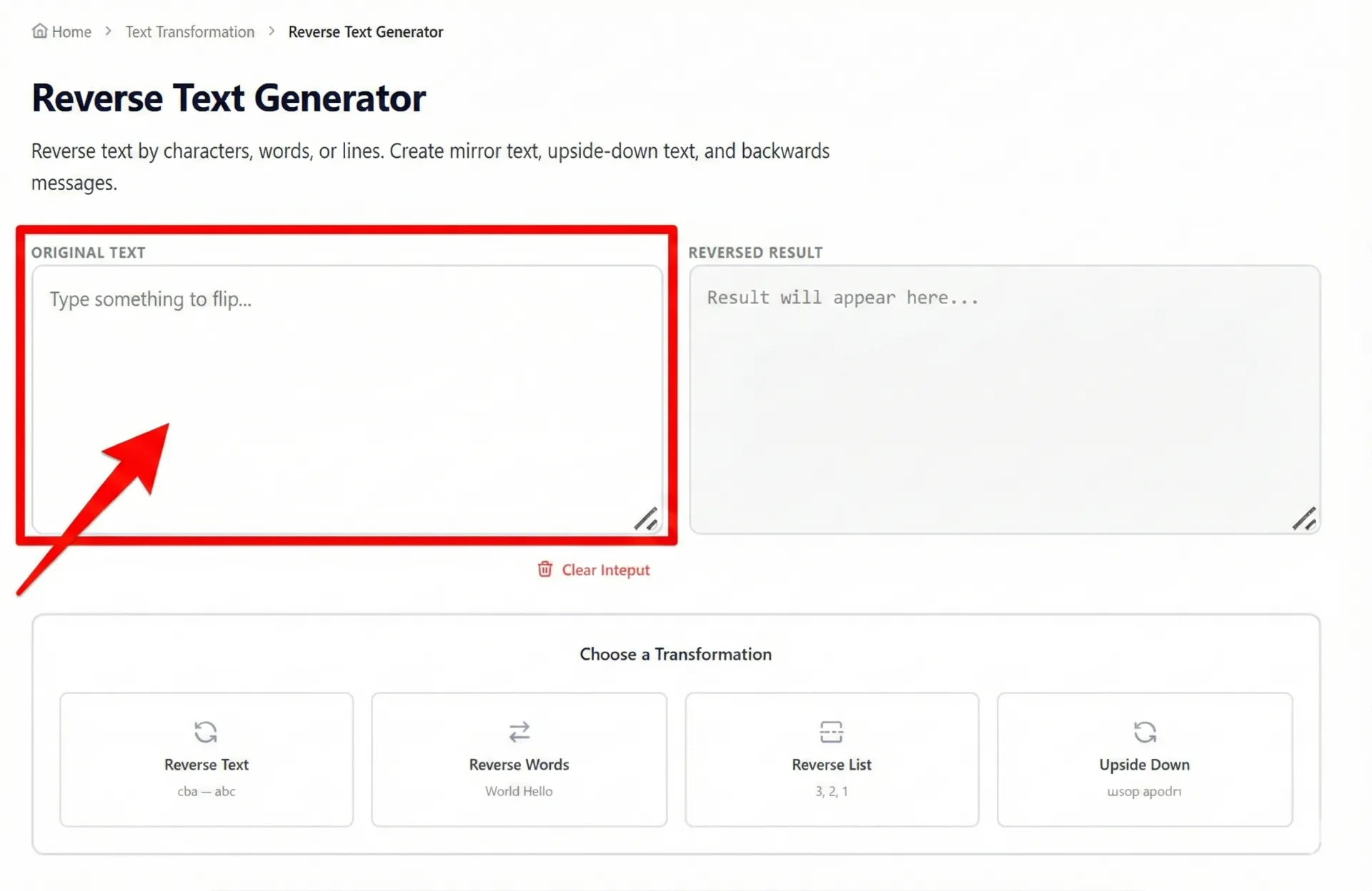 Step 1: Type or paste the content you want to flip into the "Original Text" box.